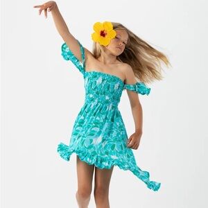 Tiare Hawaii Kids Lover Dress‎ Scattered Petals Teal size 6-8